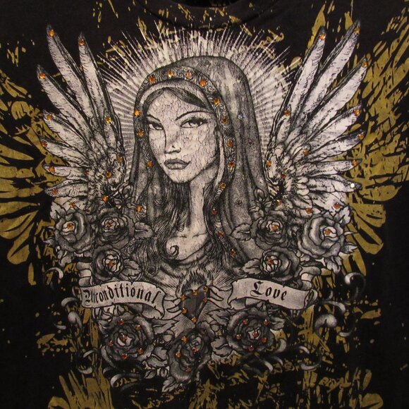 Bulzeye Black Label Couture T-Shirt Unconditional Love Rhinestones Bling Pray XL - Picture 4 of 12